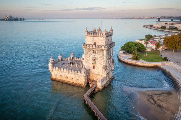 Aerial View of Belem Tower in the morning, Lisbon, Portugal